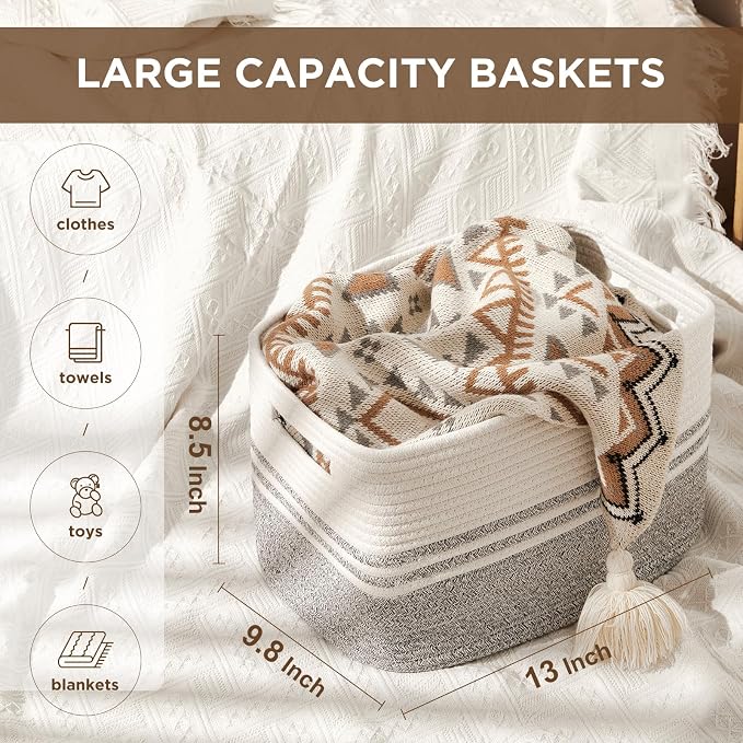 Temary Woven Storage Baskets, Set of 3 Rope Baskets for Storage Clothes, Towels, Versatile Boho Storage Bins (White&Grey, 13"x9.8"x8.5")