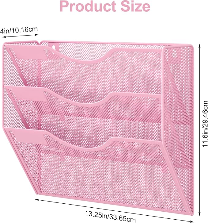 EasyPAG 3 Pocket Mesh Wall File Organizer, Hanging Paper Folder Holder with Classify Label, Vertical Wall Mount Mail Organizer for Office Home Classroom, Pink