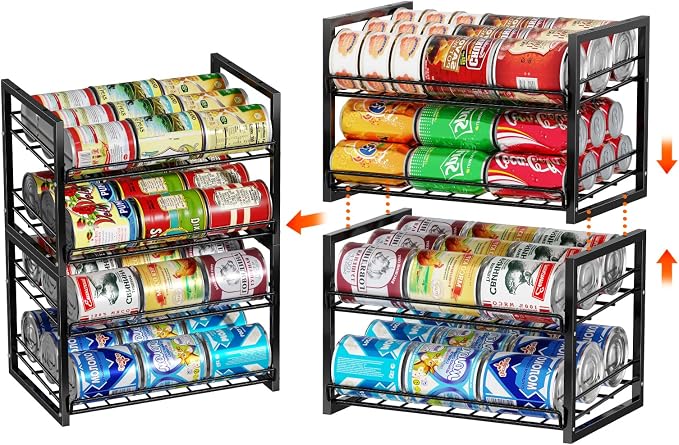 2-Tier Stackable Can Organizer 2 Pack, Pantry Can Dispenser Holds Up to 48 Cans, Metal Wire Basket for Canned Food Soda Drinks, Black