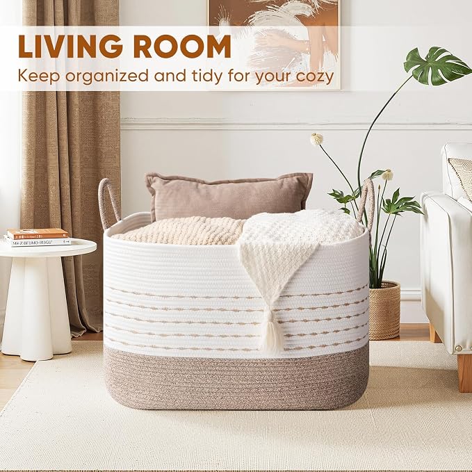 OIASKET XXL Large Blanket Basket for Living Room, 108L Woven Storage Baskets for Organizing, Rectangle Cotton Rope Basket Toy Chest With Handles--Brown & White