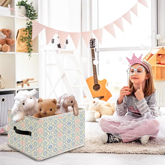 Cute Blue and Pink Preppy Floral Storage Bin Box with Handles, Chinoiserie Grandmillennial Foldable Organizer Basket Toybox for Girls Dorm Bedroom Bathroom Clothes Toys Books