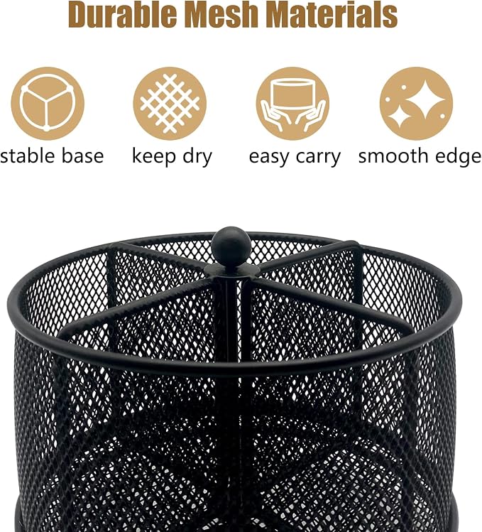 DysanVica 360° Rotating Metal Utensil Caddy - 4 Compartment Silverware Cutlery Holder Rotation Fork Spoon Napkin Organizer Flatware Storage Basket Party Countertop Buffet Picnic Camping Outdoor Black