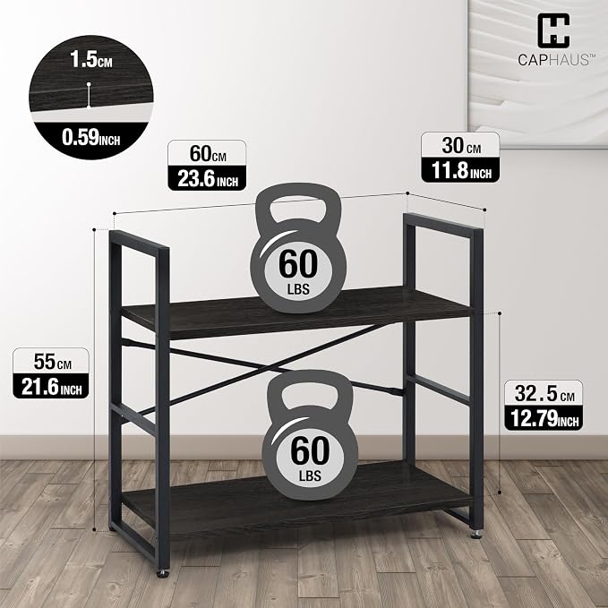 CAPHAUS 2 Tier Small Bookshelf, 24 Inch Width Free Standing Shelf, Bookcase Shelf Storage Organizer, Industrial Book Shelves for Home Office, Living Room, Black Shelves & Metal Frame