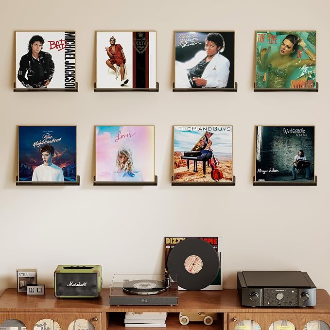 Vinyl Record Wall Mount Shelves, 12 inch Vinyl Holder, 8 Pack, Black | Acrylic Floating Shelves for Album Record Storage Display, Wall Decor, Magazine Rack, Kids Bookshelf, Picture Ledge