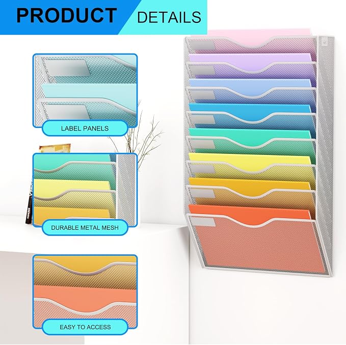 8 Pockets Mesh Hanging Wall File Holder Organizer Wall Mounted Paper Magazine Rack, Silver