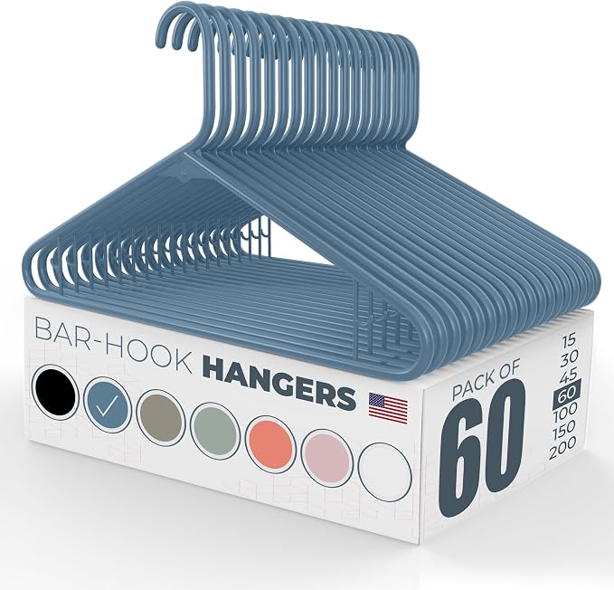 Plastic Hangers 50 Pack (60 Count) – Made in the USA – 6lb Capacity Standard Clothes Hangers with Strap Hooks for Dresses, Lingerie, Shirts, Pants, and Jackets – Blue