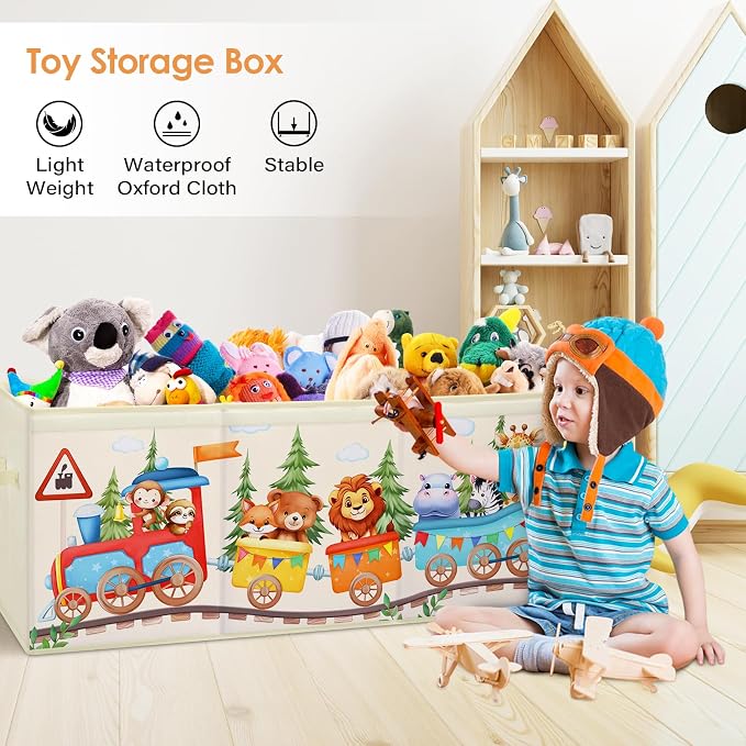 Large Toy Box Chest Organizer with Flip Lid for Kids, Collapsible Oxford Toy Storage Box with Handles for Boys Girls, Sturdy Waterproof Storage Organizer for Bedroom Playroom Nursery, 37.7×12.5×15.7''