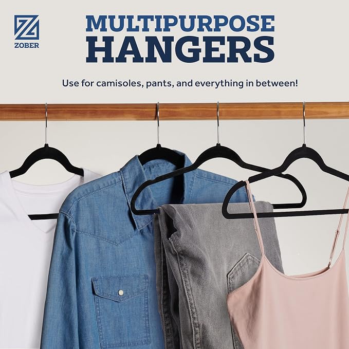 ZOBER Black Velvet Hangers 50 Pack - Clothes Hangers, Coat Hanger for Pants & Dress Clothes - Non Slip w/ 360 Degree Swivel, Holds up to 10 lbs - Strong Felt Hanger for Clothing