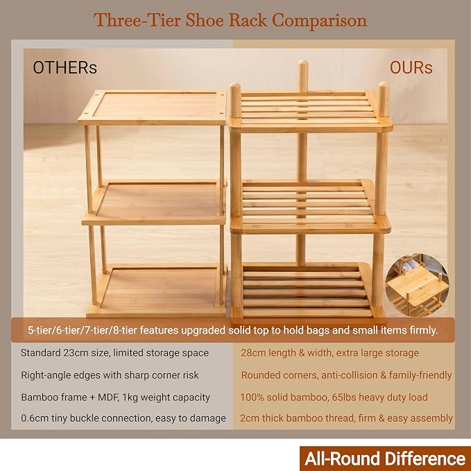 6-Tier Vertical Shoe Rack - Tall Narrow Shoe Rack Organizer for Small Spaces,Bamboo Shoen Shelf for Entryway,Closet,Corner,Doorway,Skinny Shoe Shelf Space Saving Shoe Storage (Natural, 6-Tier)