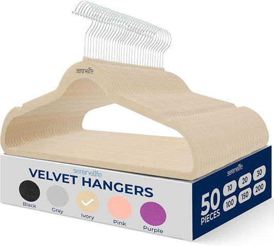 SereneLife 50 Pack Velvet Hangers - Non-Slip Felt Hangers with 360° Swivel Hook, Space-Saving, Ultra-Thin, Lightweight for Shirts, Sweaters, Hoodies, Kids Clothes & Dresses (Ivory)