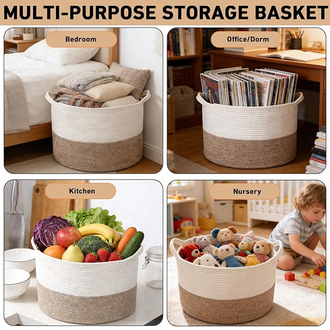 90L Extra Large Blanket Basket,Woven Rope Laundry Basket Hamper with Handles, Decorative Nursery Basket Storage Bin for Toys, Clothes Organizer, Living Room, Bedroom, Bathroom, White & Brown