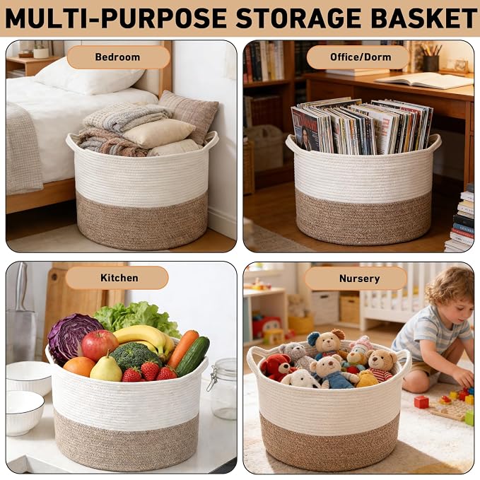 115L Extra Large Blanket Basket,Woven Rope Laundry Basket Hamper with Handles, Decorative Nursery Basket Storage Bin for Toys, Clothes Organizer, Living Room, Bedroom, Bathroom, White & Brown