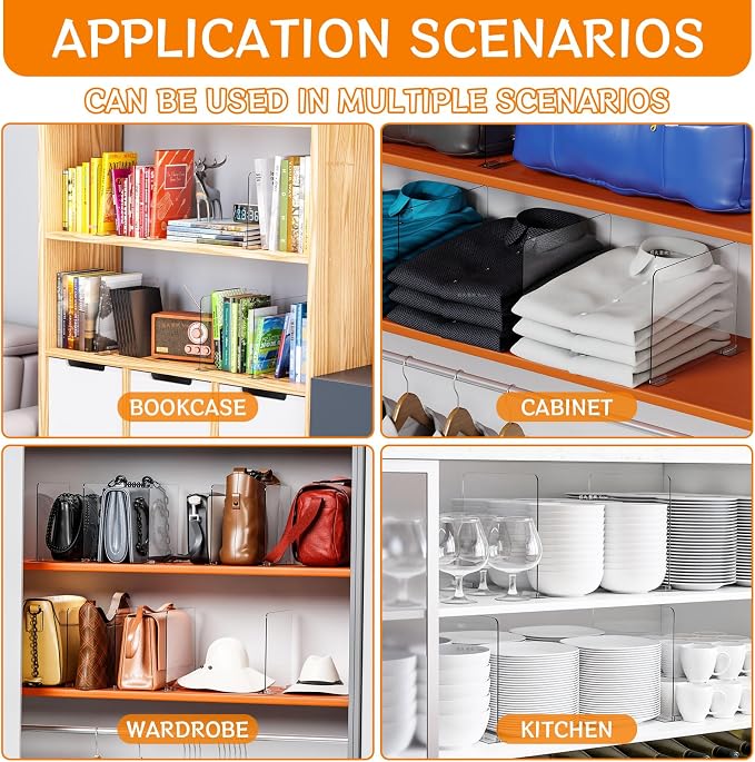 Yieach 6 Pack Acrylic Shelf Dividers for Closet Organization - Suitable for All Cupboard,Wood Shelves -Clear Closet Dividers for T Shirt,Towel,Bag,Purse Dividers,Handbag Organizer,Sweater Organizer
