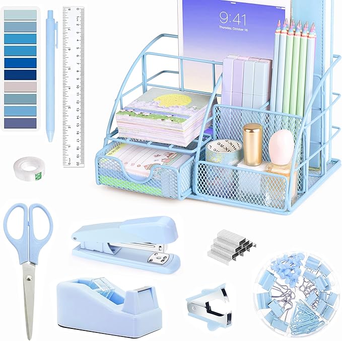 Scindaly Blue Office Desk Accessories Supplies, 10pcs Desk Organizers and Accessories with Tape Dispenser and Stapler,Staples,Scissor,Ruler,Sticky Tabs,Tape,Ballpoint Pen,Clips Set