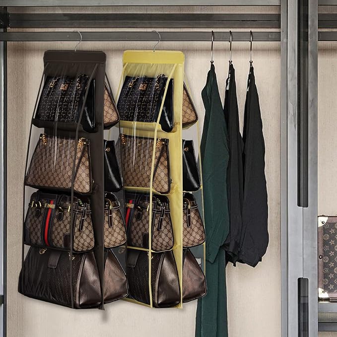 Lirex 2-Pack Handbag Hanging Purse Organizer for Closet, 8 Pocket Handbag Storage Organizer Hanger Oxford Cloth Closet Organizer for Family Closet Bedroom, Foldable and Universal Fit, Dark Brown