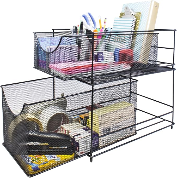 Sorbus® Cabinet Organizer Drawers— Mesh Storage Organizer with Pull Out Drawers—Ideal for Countertop, Cabinet, Pantry, Under the Sink, Desktop and More (Black Bottom Drawer)