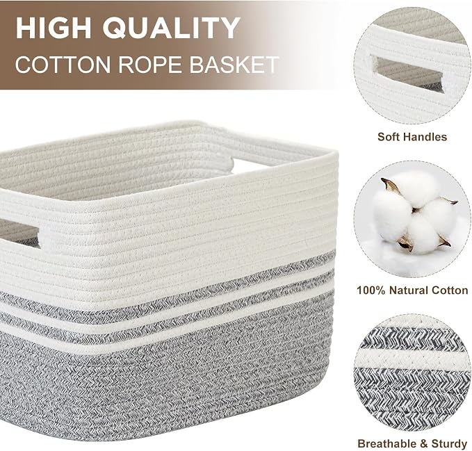 Temary Woven Storage Baskets, Set of 3 Rope Baskets for Storage Clothes, Towels, Versatile Boho Storage Bins (White&Grey, 13"x9.8"x8.5")