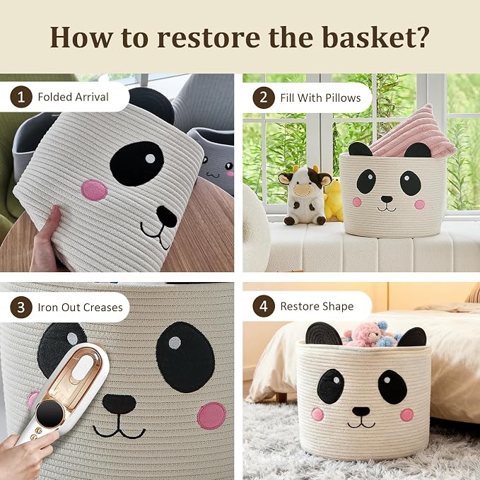 VK VK·LIVING Panda Storage Basket for Gift Foldable Cute Nursery Animal Toy Basket with Handles, Large Cotton Rope Baby Laundry Storage Organizer for Blankets Towels in Living Room Bedroom 15"D x 14"H