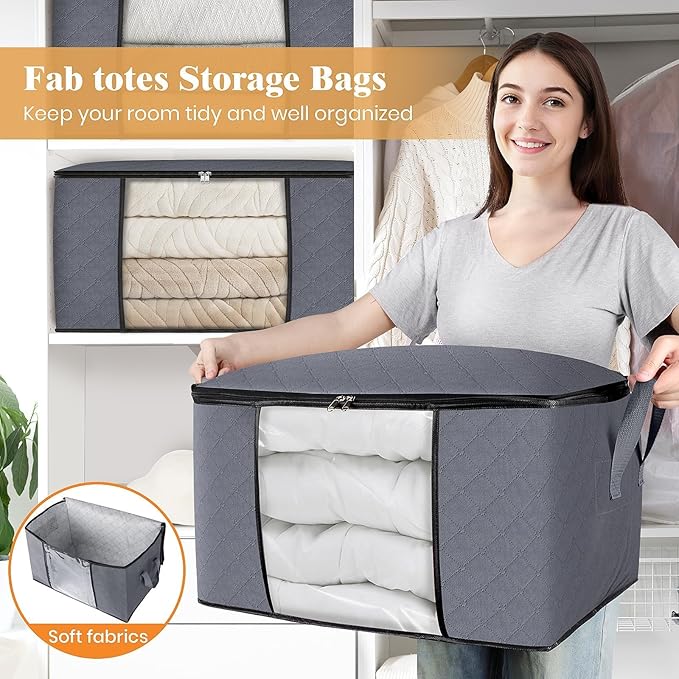Fab totes 6 Pack Storage Bags for Clothes and Blanket, Foldable Closet Organizers and Storage with Zippers, Clear Window and Handles, Fabric Storage Bins for Sweater, Comforter, Bedding,Linen Sheets