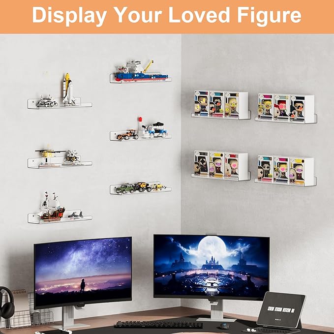 upsimples 12 Pcs 15" Acrylic Shelves for Wall Display and Storage, Clear | Transparent Design Highlights Skincare, Perfume, Easy-to-Find Versatile Floating Shelves for Bathroom, Bedroom and Playroom