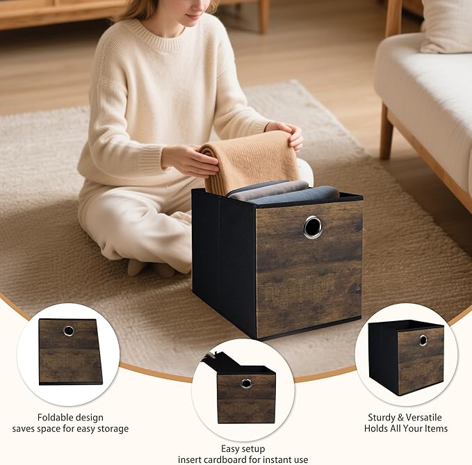 4 Pack Durable Storage Cube Bins with Wood Grain,Thickened Fabric Box,Storage Baskets for Open Shelf,Bookcase,Closet,Storeroom,Bedroom,Living Room,Nursery,Office,Dorm, 10.2x10.2x11in (Small)
