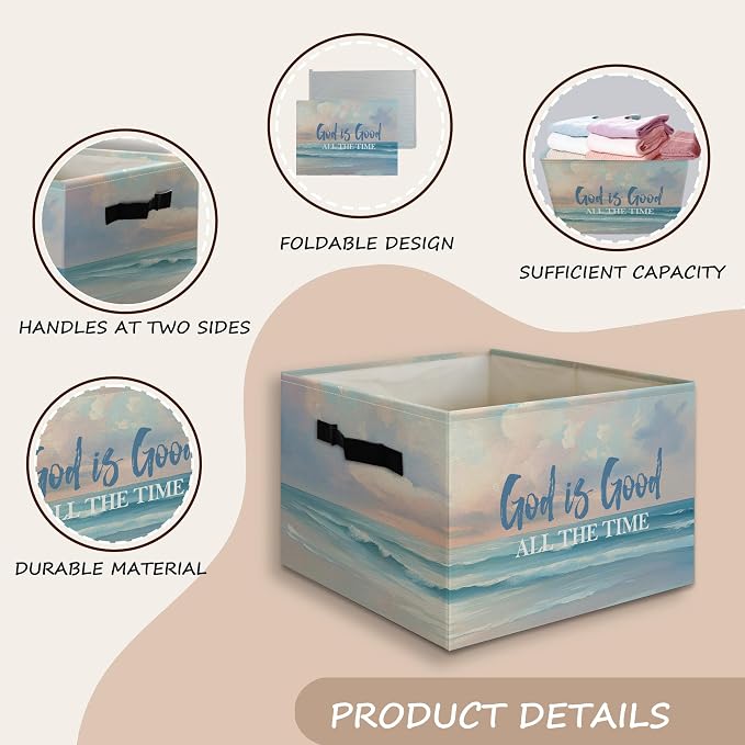 Christian Coastal Beach Foldable Storage Bins Box with Handles, God Is Good All the Time Bible Verse Religious Collapsible Organizer Basket for Christian Home Room Clothes Toys Books