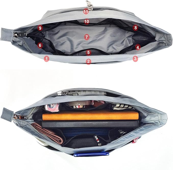 Handbag Tote Purse Organizer Insert, Medium, Grey | Bag Divider Liner Shaper Separator in Bag with Zipper, 11 Pockets Compartments