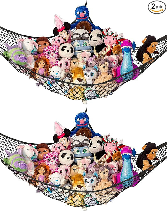 Stuffed Animal Hammock 2 Pack | Corner Stuffed Animal Storage & Plushie Net | Toy Hammock for Stuffed Animals | Holds 12lbs | Easy Hang, All Hardware Included | Black Bedroom Decor | by Lilly's Love