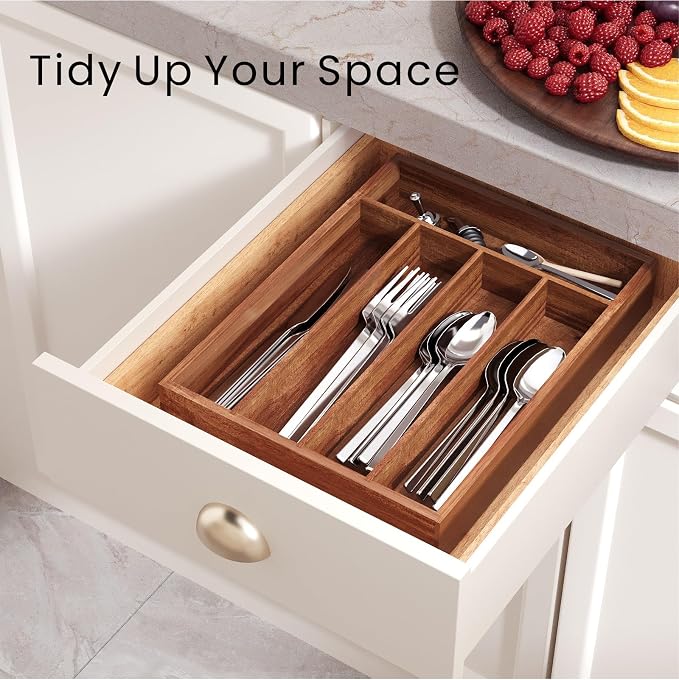 Fibogollo Silverware Organizer Acacia Wood Kitchen Drawer Organizer with 5 Slots Flatware Organizer Tray for Kitchen, Flatware, Utensils