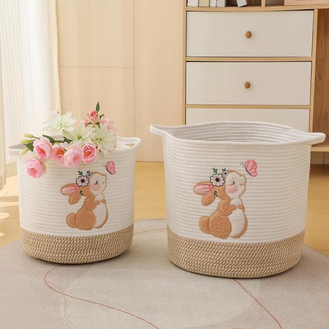 Large Blanket Baskets for Living Room, Bunny Baskets Toy Storage Basket Woven Cotton Rope Basket for Kids, Toys Organizer Clothes Hamper with Embroidery, Laundry Hamper Nursery Decor ( Large )