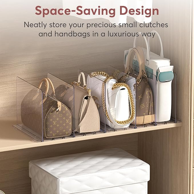Plastic Purse Organizer Closet - Pack of 2 Handbag Organizer with Adjustable Dividers & Sturdy Base - Purse Storage Organizer for Closet, Space-Saving Handbag Storage Organizer for Shelves