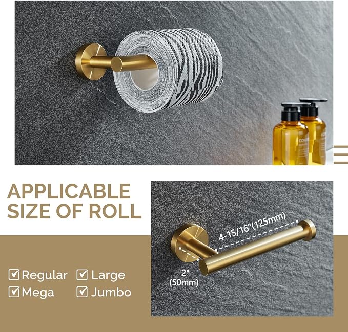 Bathroom Hardware Set 4-Piece Brushed Dark Gold, Angle Simple SUS304 Stainless Steel Bathroom Fixtures Accessory Kit with Towel Hook x 2, Toilet Paper Holder and Rotary Towel Ring, Wall Mount