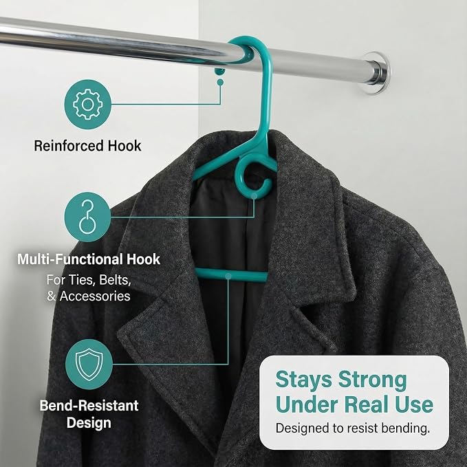 DEILSY™ Heavy Duty Plastic Hangers 50 Pack - Extra Heavy Duty Hangers for Clothes, Thick Aqua Plastic Hangers, Strong Clothes Hangers with Hook for Scarves & Belts