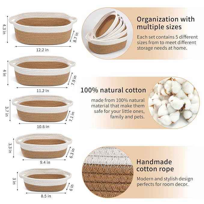 VOOWO Set of 5 Woven Rope Baskets for Storage, Organizing, Nursery, Shelves - Small Baskets for Gifts Empty (Off White & Jute)