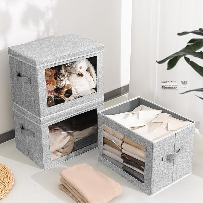 Homsorout Storage Bins with Lids, 6 Pack Large Storage Cubes with Window, Closet Bins with Lids & Handles, Fabric Box for Organizing Clothes, Towels, Books, Blended
