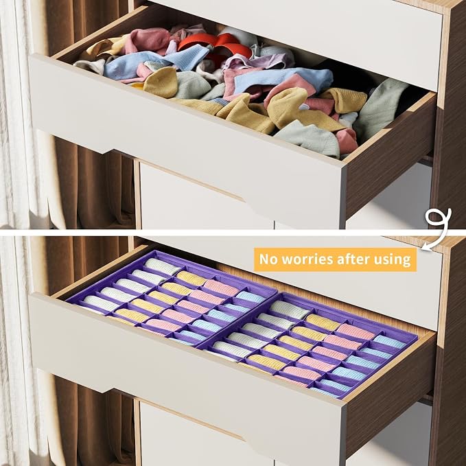joyoldelf Sock Drawer Organizer Divider 4 Packs Underwear Organizer, 24 Cell Closet Organizers and Storage Organizer Sock Holders Organizers for Storing Socks, Handkerchiefs, Ties, Belts (Purple)