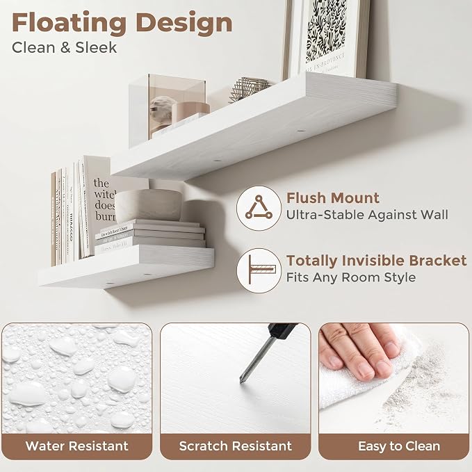 FLYJOE 32 Inch Floating Shelves for Wall Set of 2, 6.5" D Wood Grain Bathroom Shelves with Invisible Brackets, Easy Install Engineered Wood Storage Shelves for Kitchen, Living Room, Bedroom