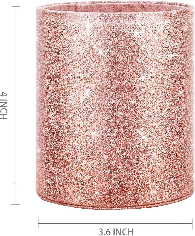 Pen Holder for Desk, Pencil Cup Pink Glitter Bling for Women Girls, Luxury Makeup Brush Holder Large Pu Leather Multi-Functional Organizer Cup for Office, Classroom, Home, Rose Gold