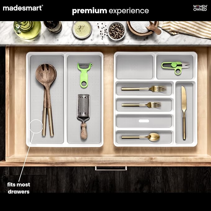 madesmart 2 Compartment Premium Utensil Tray, Multi Purpose Storage Organizer, Non Slip Lining, Deep Storage for Ladles, Whisks & Serving Tools, for Drawers & Home Organization, White