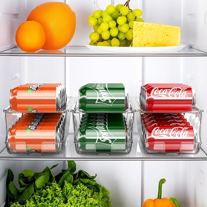 Simple Houseware 4-Pack Auto-Rolling Beverage Can Organizer for Fridge | Clear, Set of 4, Front-Loading Soda Dispenser with Smooth Glide Design, Space-Saving Refrigerator Storage Bins