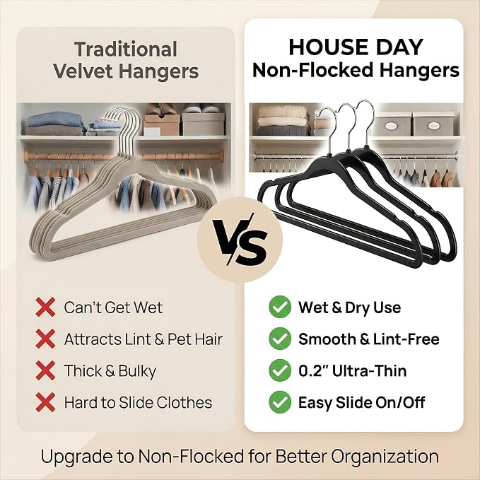 HOUSE DAY Black Plastic Hangers 60 Pack, Ultra-Thin Heavy Duty Non-Velvet | Hangers with 360° Swivel Hook & Non Slip Notches - Slim Space Saving Clothes Hangers Ideal for Dresses Coats Shirts Jackets