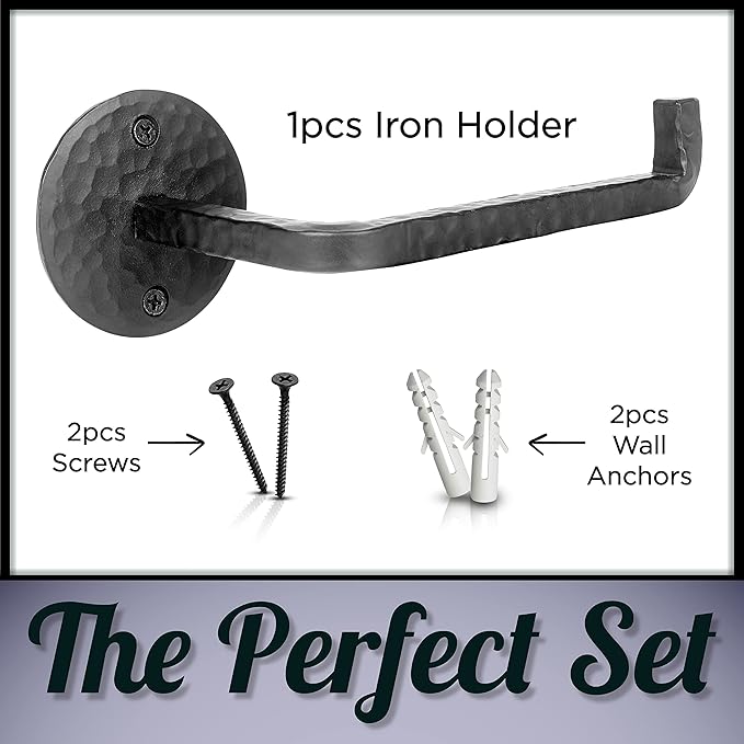 Handmade Wrought Iron Toilet Paper Holder - Rustic Wall Mount Holder for Bathroom - Farmhouse, Vintage & Industrial Style - Antique Black Iron Tissue Roll Holder