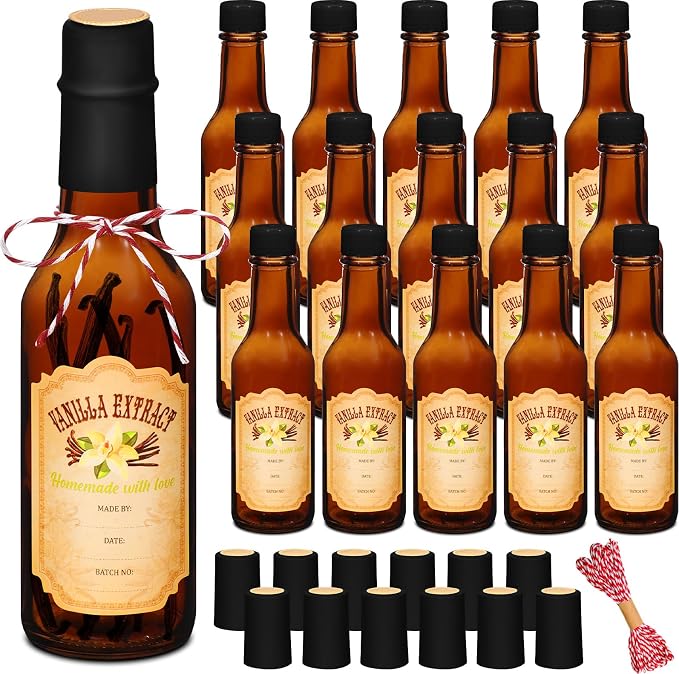Tioncy 16 Pcs Vanilla Extract Bottles for Homemade Vanilla Jar Glass Bottle with Cap, Shrink Band, Sticker Syrup Gift Food Storage Canister for Bean Sauce Spice(Black, Brown,5 oz)