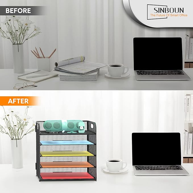 Letter Tray Paper Organizer 5-Tier Desk Organizer File Organizer Paper Holder with Handle, Metal Desktop Document Shelf Tray Office Classroom Organization - Black
