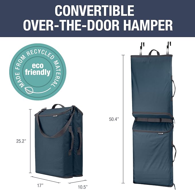 CleverMade Convertible Double Laundry Hamper, 43L, Over-the-Door, Ocean | Dual compartments, bottom zippers, hooks and carry strap streamline sorting and unloading for dorms, apartments and bathrooms