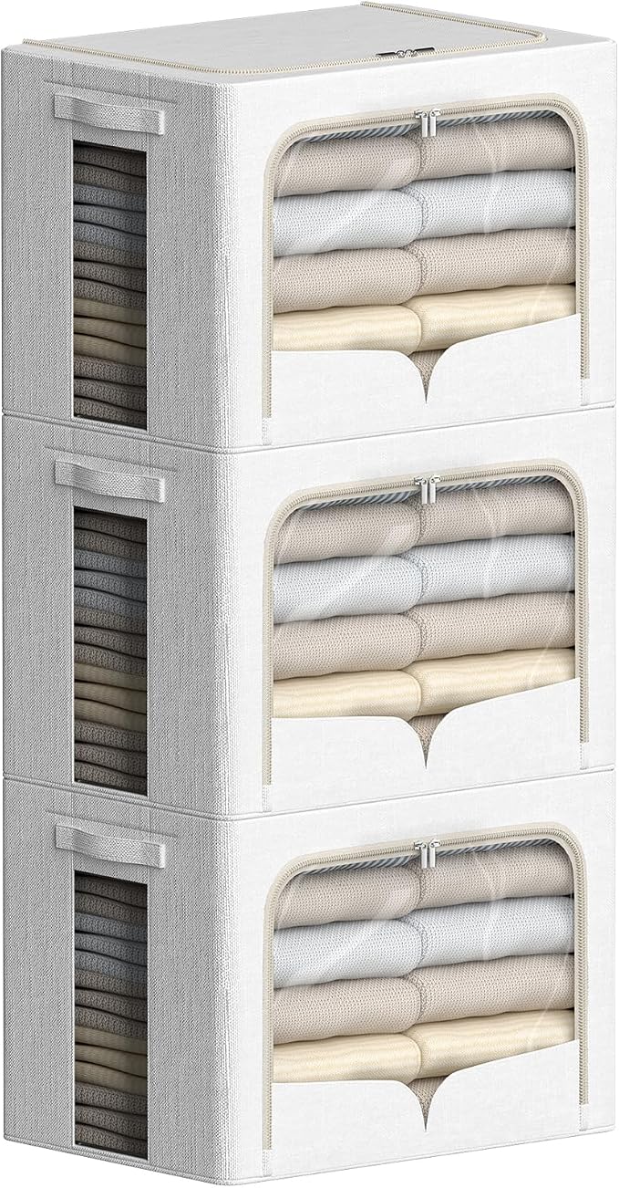 FHSQX 3 Pack Clothes Storage Bins with Metal Frame | 15.7x11.8x9.8inch (30L),Foldable, Stackable, Linen Fabric, Carrying Handles, Clear Window