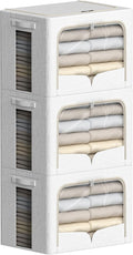 FHSQX 3 Pack Clothes Storage Bins with Metal Frame | 15.7x11.8x9.8inch (30L),Foldable, Stackable, Linen Fabric, Carrying Handles, Clear Window