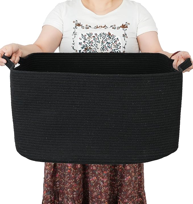 XUANGUO Large Rectangle Blankets Basket Living Room 22"x17"x12" Woven Cotton Rope Storage Baskets for Nursery Toy Baskets for Kids and Dogs Wicker Laundry Basket Bin for Clothes Towels black