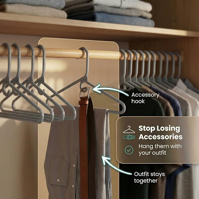 DEILSY™ Heavy Duty Plastic Hangers 50 Pack - Extra Heavy Duty Hangers for Clothes, Thick Gray Plastic Hangers, Strong Clothes Hangers with Hook for Scarves & Belts