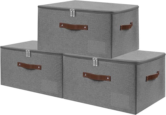 ANMINY 3PCS Storage Bins with Zipper Lid Storage Boxes with Label Holder PU Leather Handles Washable Foldable Decorative Lidded Cotton Linen Fabric Cubes Baskets Closet Organizer - Gray, Large